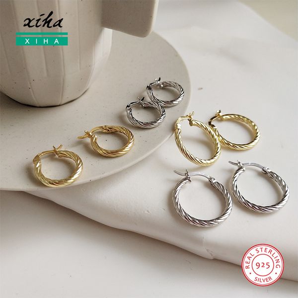 

real 925 sterling silver round hoop earrings for women rope twisted wedding earring for brides korean fashion jewelry, Golden;silver