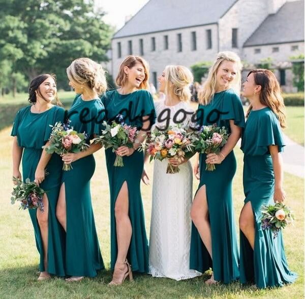 Hunter Teal Blue Long Bridesmaid Dresses With Sleeves 2019 Modern