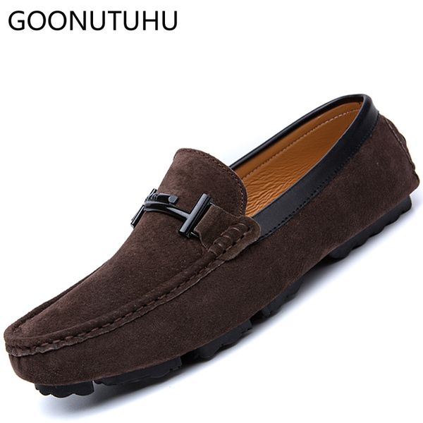 

2019 new fashion men's shoes casual leather suede loafers male nice comfortable slip on shoe man big size driving shoes for men, Black
