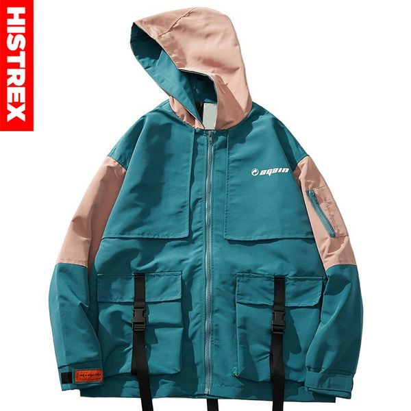 

мужчины хип-хоп куртки harajuku streetwear ретро цвет блока с капюшоном ветровка куртка mult карманы 2020 track coat крупногабаритные, Black;brown