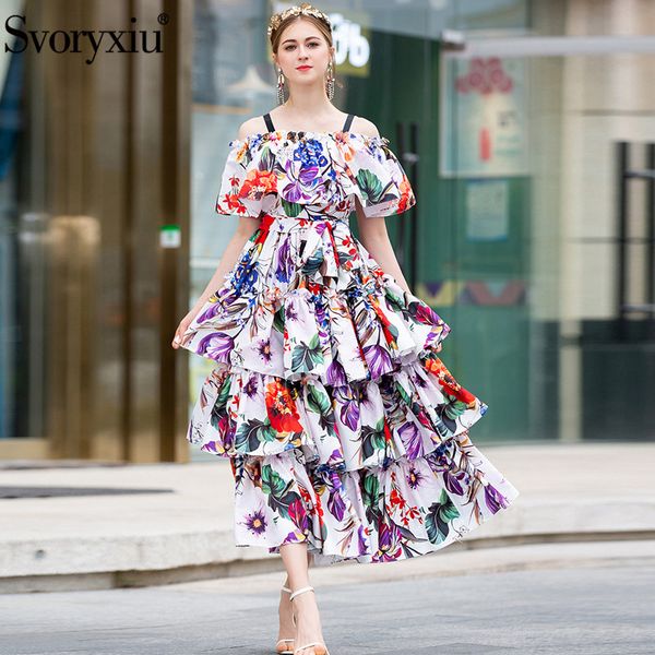 

Svoryxiu Runway Summer Spaghetti Strap Maxi Dress Women's Floral Print Vacation Party Tiered Ruffles Off Shoulder Long Dresses
