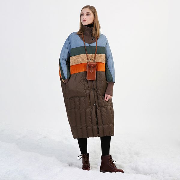 

winter fashion brand good quality over the knee longer duck down coat female hit color knit stitching warm down coats wq530, Black