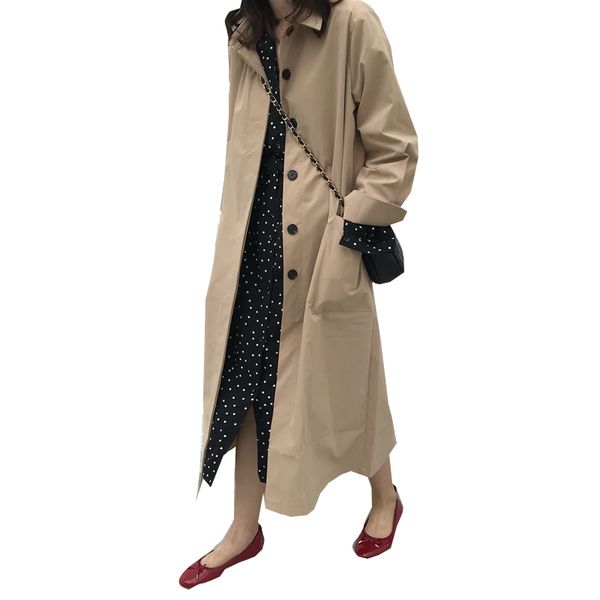 

2019 осень студент корея стиль винтаж длинные однобортные негабаритных свободные тонкий ветер пальто офис леди женщины повседневная тренч, Tan;black