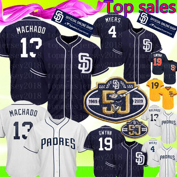 

13 Manny Machado Padres Jerseys 4 Wil Meyers 19 Tony Gwynn Baseball Jerseys Embroidery Logos