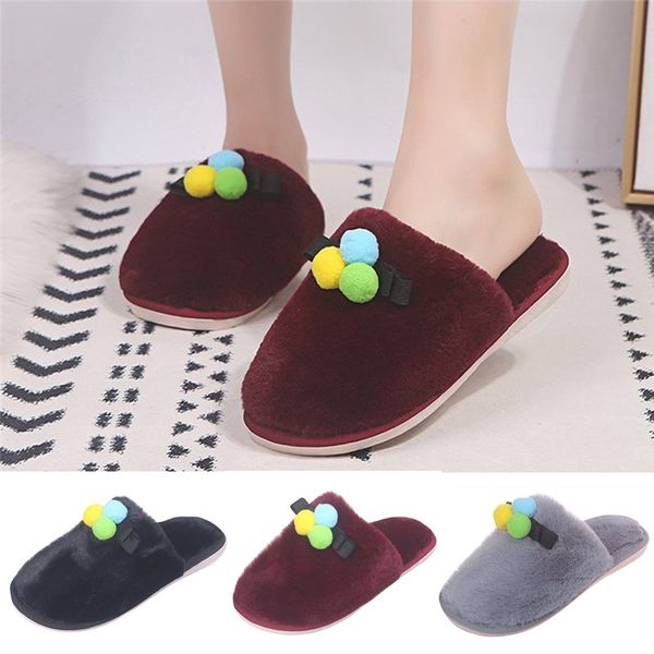 

new women faux fur slippers winter fall warm cotton plush slipper fashion candy colored hair balls thermal indoor shoes v8, Black