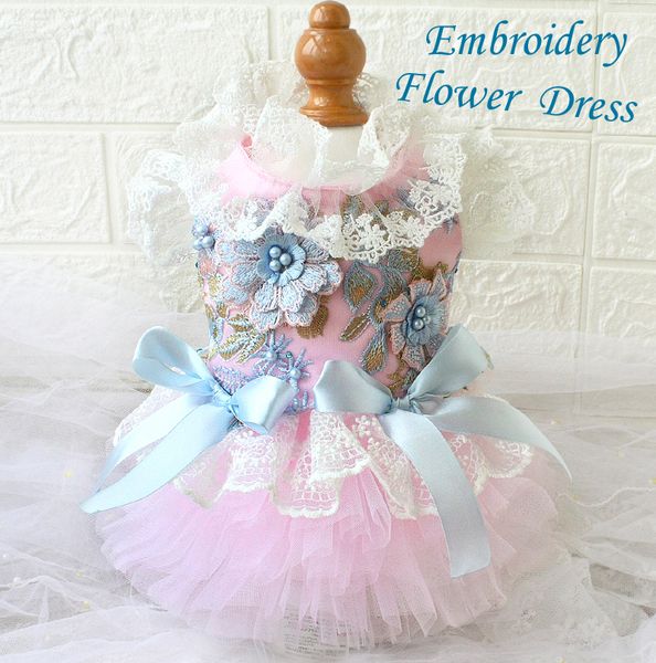 

handmade dog apparel clothes 3d embroidered pearl flowers lace collar cuff layer up on dress pet tiered