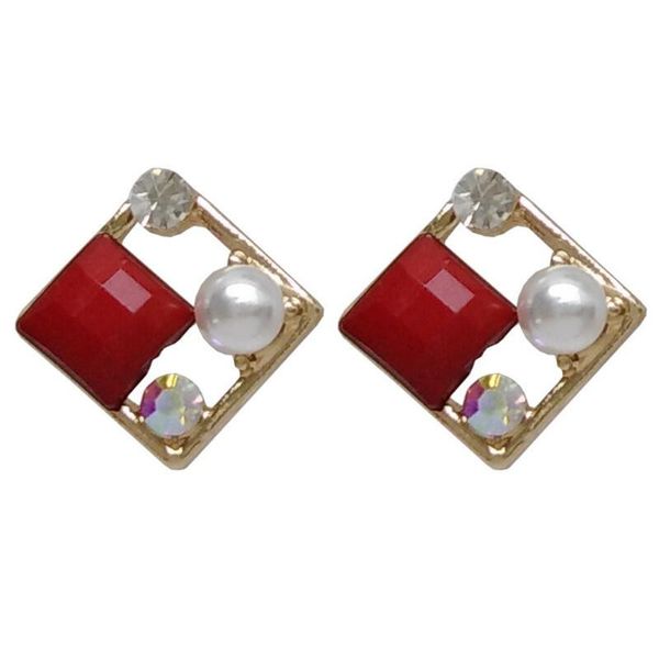 

japanese and korean retro style inlaid resin semi-precious stones imitation pearl personality geometric square stud earrings, Golden;silver