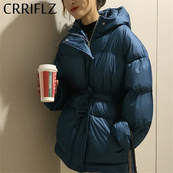 

crriflz new down jacket short adjustable waist hooded coats simple winter jacket women warm thicken loose fashion down parka, Black