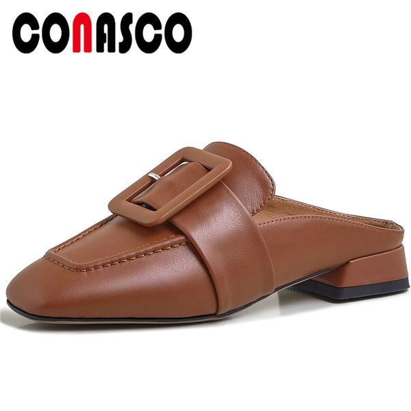 

conasco new women sandals buckle square toe retro concise casual mules genuine leather slippers low heels flat with shoes woman, Black