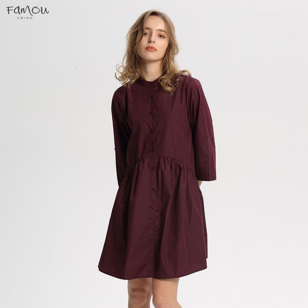

Women Pleated Dress Three Quarter Sleeve Stand Collar Casual Ladies Casual Mini Dresses Female Vestidos Qa442 Designer Solid Clothes