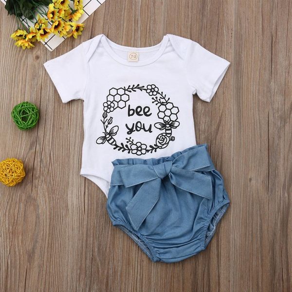 

summer clothing sets newborn baby girl sletter short sleeve shorts outfits bow pp denim shorts clothes sets 2020 hot, White