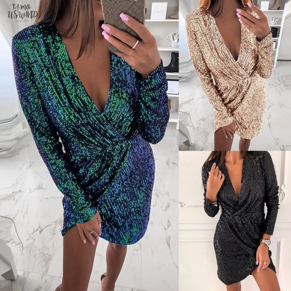 

2020 плюс размер женщины бандаж bodycon dress party lady женщины глубокий v блестки ruched с длинным рукавом ночной клуб платье vestidos, Black;gray