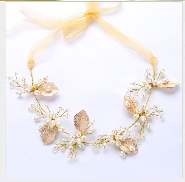 

bride's handmade pearl headdress golden pearl leaf wedding dress with hair band, Slivery;golden