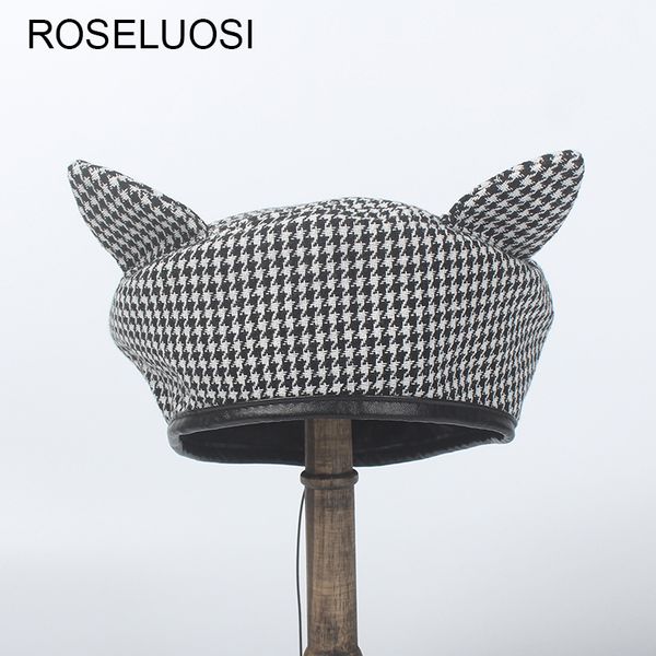 

women cute ear berets hats autumn winter vintage houndstooth french beret cap boinas para mujer plaid hat, Blue;gray