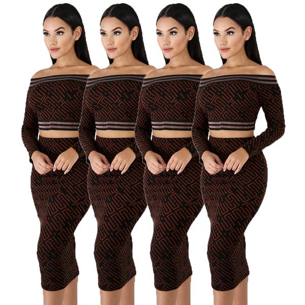 

new women long sleeve off shoulder slash neck short sleeved bodycon knee-length midi skirts 2 piece sets outfits tracksuits 8029, White