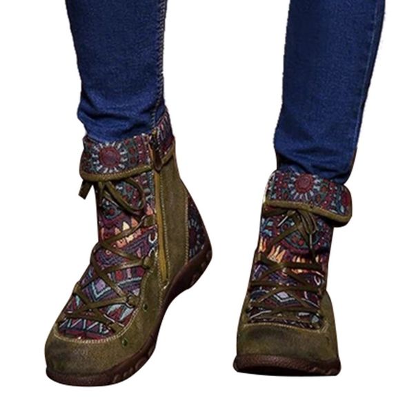 

retro bohemian boots women shoes embroidered snow boots winter autumn ladies ankle zippers lace-up outdoor flat booties, Black