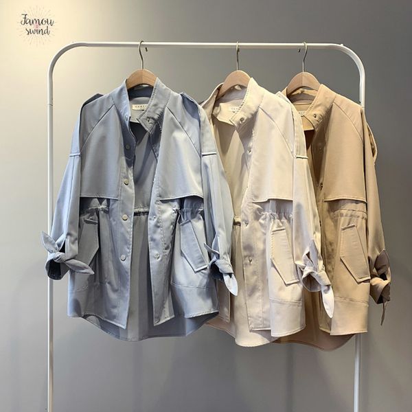 

women spring trench coat single breasted korean elastic waist loose casual harajuku long coat female, Tan;black