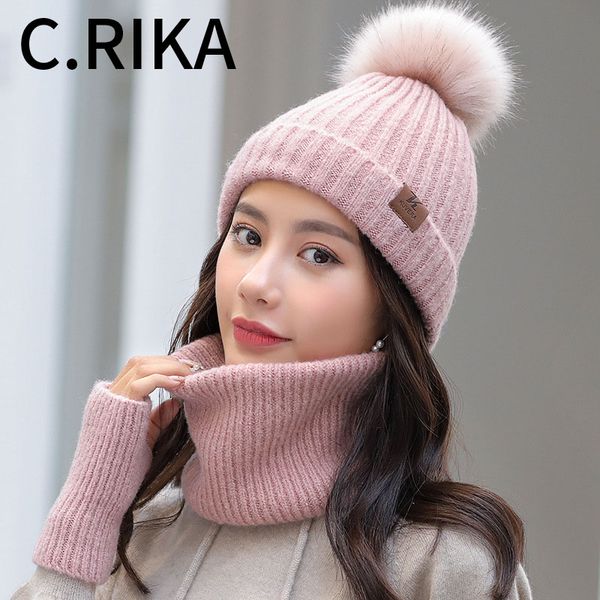 

2019 winter hat and scarf set for women solid thick warm female girls fashion hat scarf glove set outdoor ski cap beanie bonnet, Blue;gray