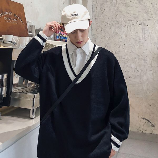 

2019 hong style autumn and winter new youth student loose v-neck pullover contrast color sweater men's black/white, White;black