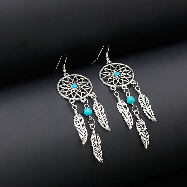 

vintage silver tassel dream catcher feather earrings for women girls round earring bohemian style statement jewelry