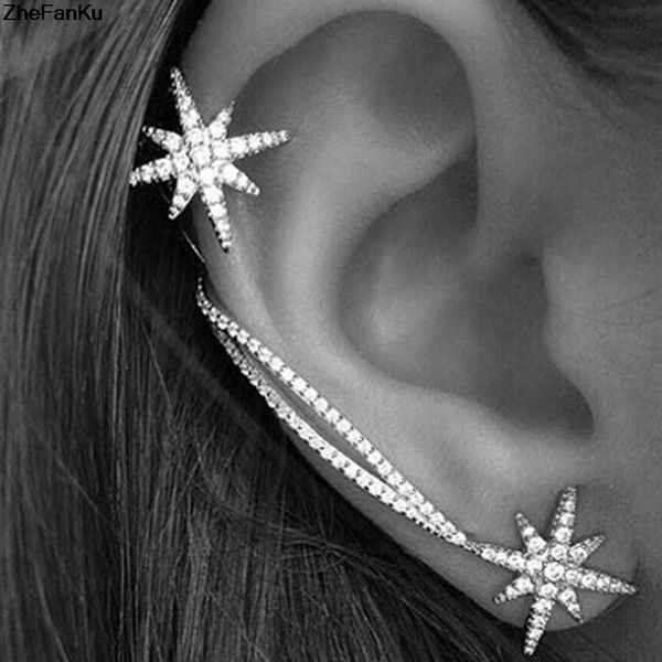 

new full clip earrings asymmetric star personality small fresh fashion crystal snowflake earrings ear clip, Silver