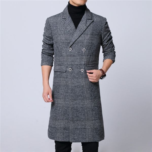 

mens long coat double breast full lining long sleeve m-6xl drop ship pick lapel winter woolen melton overcoat plaid gray, Black