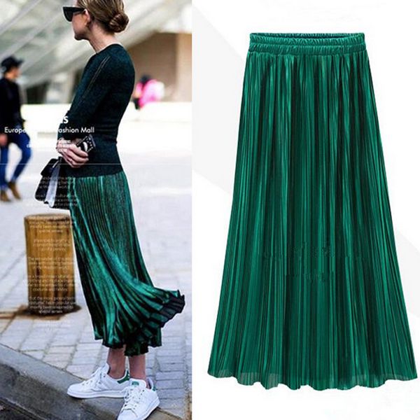 

vintage women metallic luster stretch high waist plain skater flared pleated long skirt gold sequined skirts, Black