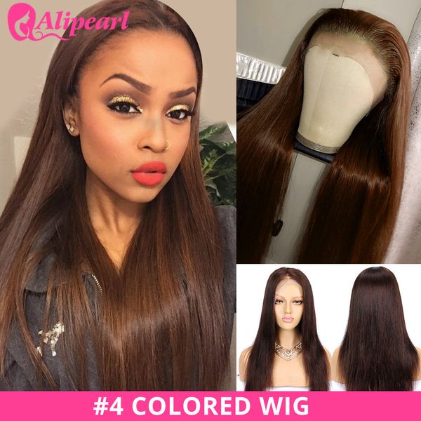 

#4 colored lace front human hair wigs brazilian straight human hair wigs for black women pre plucked remy alipearl, Black;brown