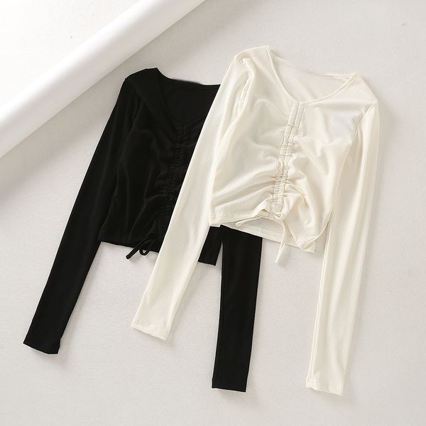 

snslz8-703 style women's 2019 summer short v-neck slim drawstring pleated dress t-shirt dress long sleeve t-shirt women, White