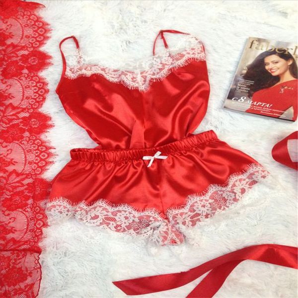 

2pcs women summer spaghetti strap satin lace patchwork vest + shorts sleepwear bow sets home wear nightwear v neck set, Black;red