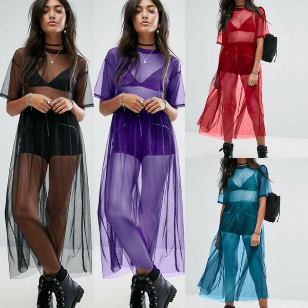 

women mesh sheer net see-through short sleeve bikini cover up dress beachwear summer fashion solid sunproof beach couver up