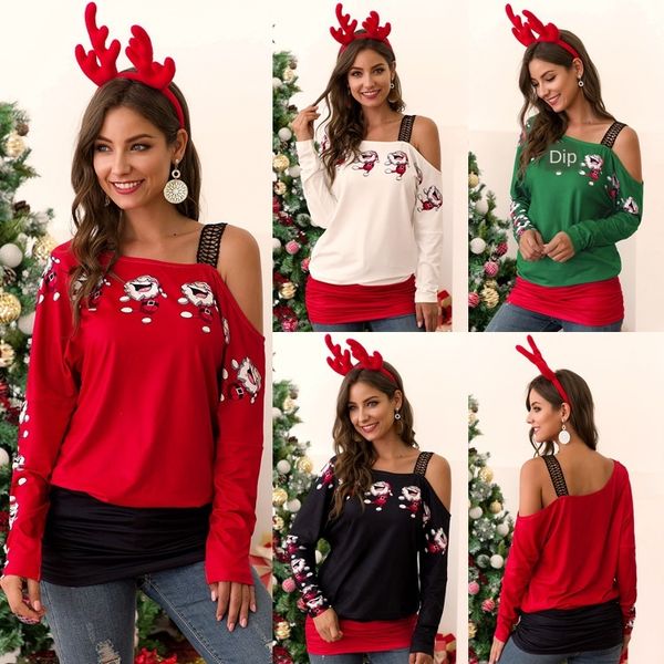 

womens designer t shirt lace stitching off-the-shoulder santa claus print stitching top, White