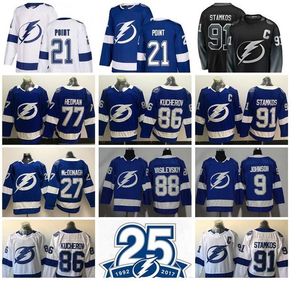 

хоккей тампа бэй джерси 21 брейден пойнт 91 стивен стэмкос 77 виктор хедман 86 никита кучеров андрей василевский джонсон макдона, Black;red