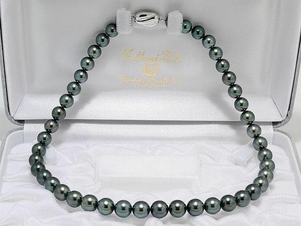 

stunning 9-10mm tahitian round black green pearl necklace 18inch 925s, Silver