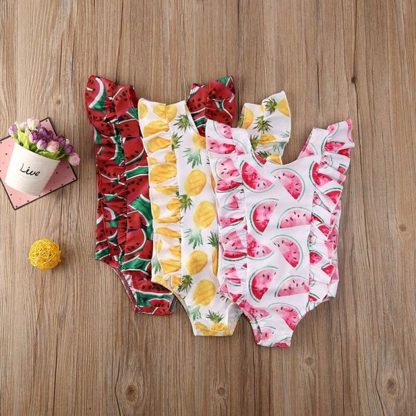 

2020 cute kids baby girls watermelon pineapple print ruffle sleeveles bikini suit swimsuit swimwear bathing, White