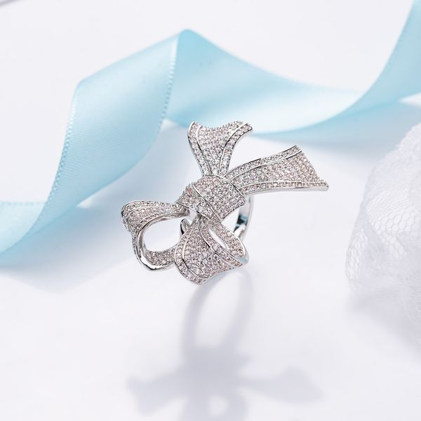 

fashion-w factory direct sales micro-inlaid zircon bow open ring copper plated real gold ring jewelry, Silver