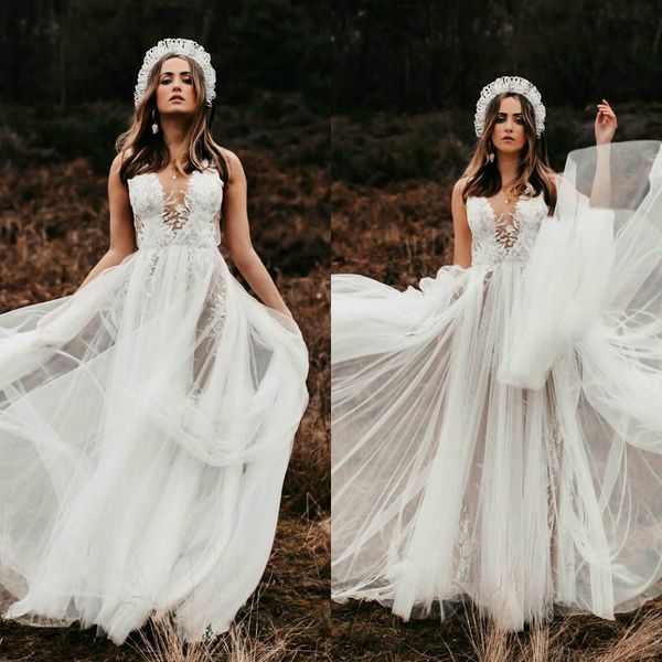 

simple bohemian wedding dresses v neck tulle lace appliqued a line boho wedding dress custom made sweep train vestidos de novia, White