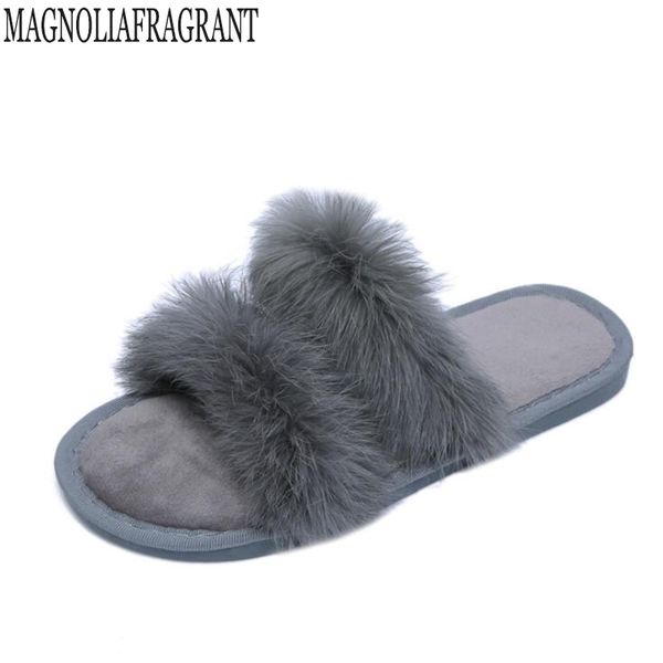 

3 colors hair slippers women fur home fluffy sliders plush furry summer flats sweet ladies shoes size 45 cute z114, Black