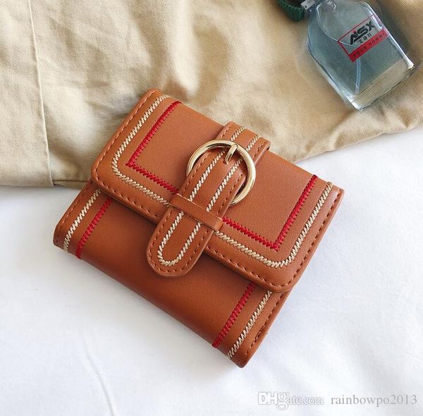 

wholesal women handbag folding womenes short wallet fashion exquisite embroidery thread womens wallets small fresh multi card leather purse, Red;black