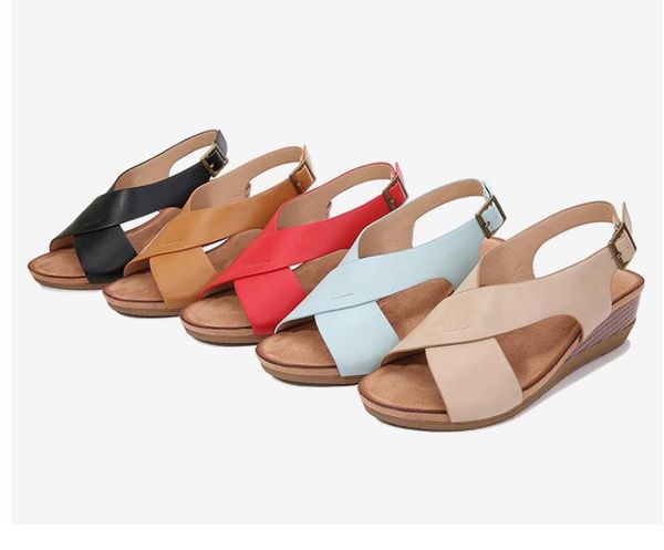 

new lady fashion wedge sandals cross-tied soft leather 4cm heel women summer sandals with ankle buckle large size 35-42, Black