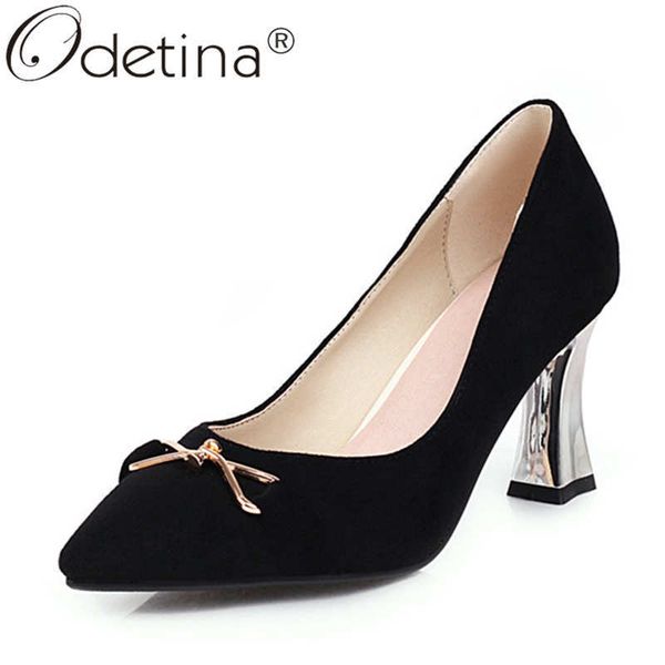

odetina women retro block high heel bow pointed toe casual shoes female office lady faux suede buckle strap slip on dress shoes, Black