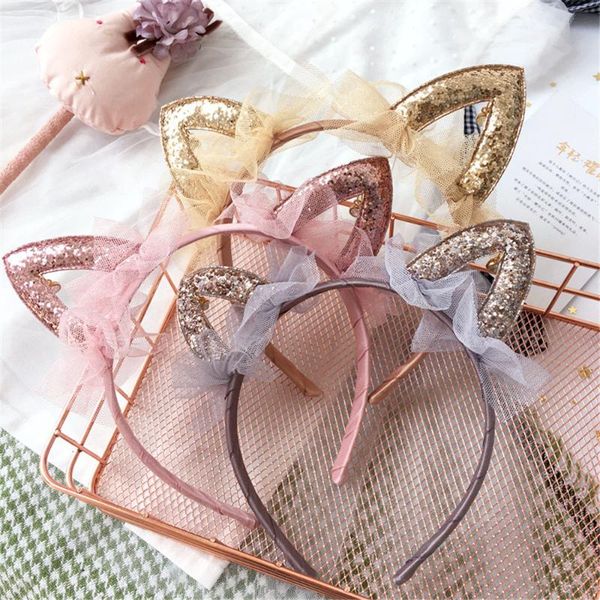 

children girl kids cute hairbands headbands cartoon cat ear sequins yarn fashion korean head wear accessories festival-swd-w19, Slivery;white