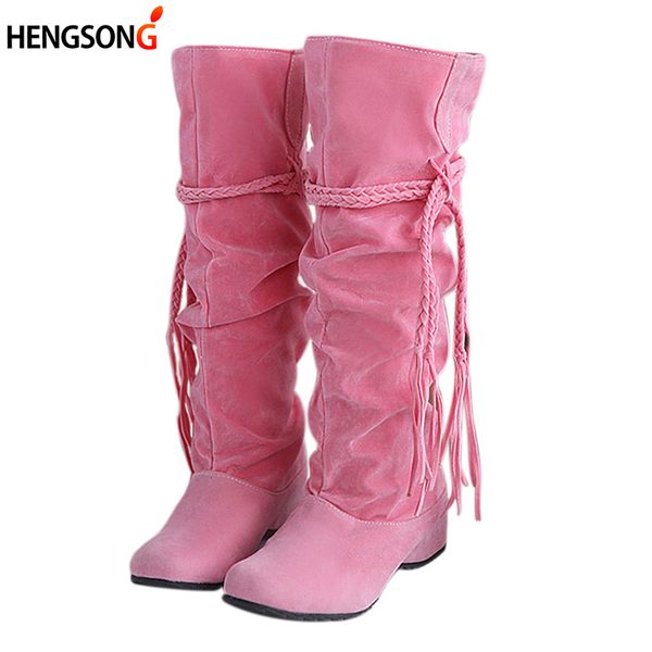 

plus size women boots autumn winter warm fringe half knee high boots ladies tassel fleece shoes female botas feminina 35-43, Black