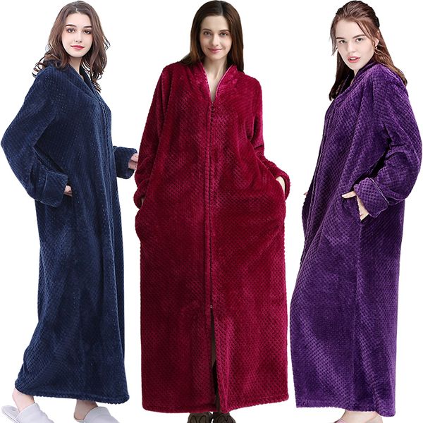 

women extra long plus size thick warm sleepshirts men winter coral fleece zipper nightgowns pregnant robe flannel night dress, Black;red