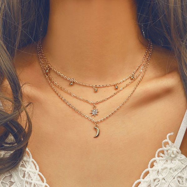 

модный элегантный многослойные rhinestone звезды луны подвеска колье ожерелье для женщин vintage gold chain ключицы ожерелье ювелирных издел, Golden;silver