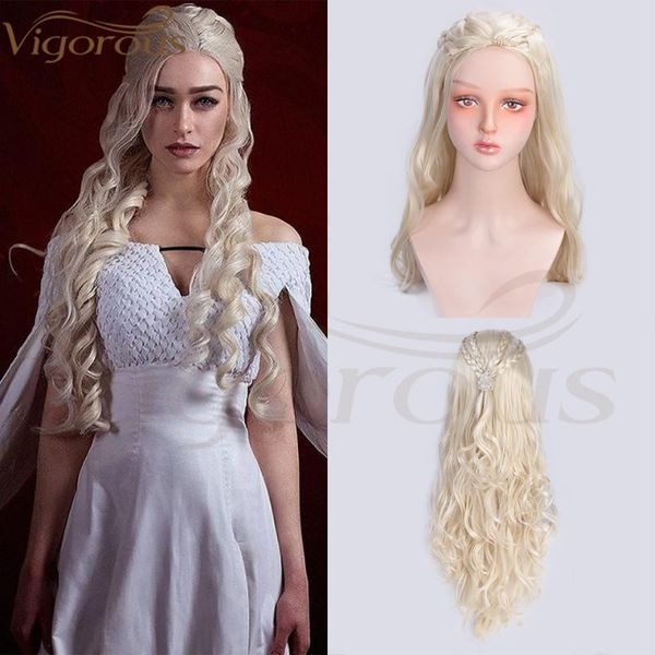 

vigorous long blonde grey wavy wig daenerys targaryen middle part cosplay wig, Black