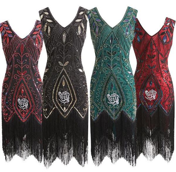 

sell handmade women's 1920s vintage inspired sequin embellished fringe prom gatsby flapper dress x-large promotion, Black;red