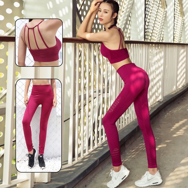 

2 pcs women seamless yoga set gym fitness sports push-up strappy bra+high waist yoga pants leggings tight running tracksuits, White;red