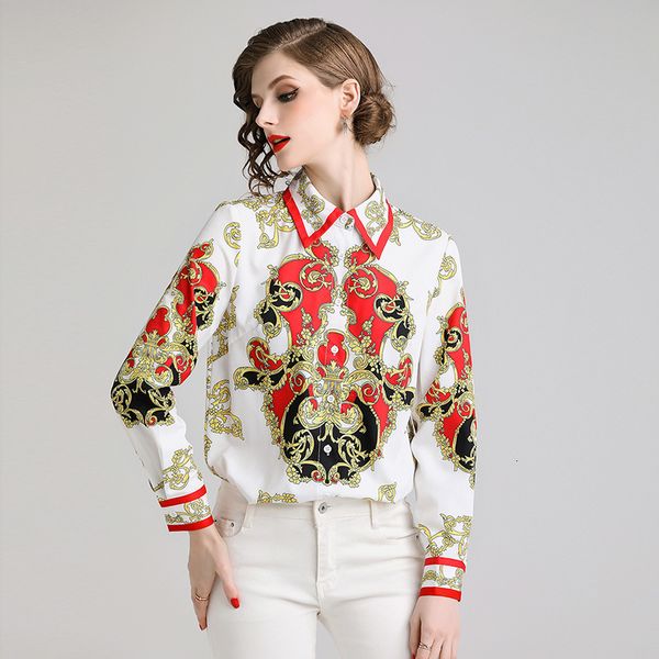 

lady fashion brand shirt turn down collar elegant femme long sleeves women totem printed plus size runway luxury blouse 2019, White