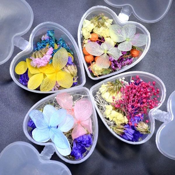 

3d dried flowers nail art glass bottle decor preserved mixed flower design with heart-shaped box diy nail art decorations, Silver;gold